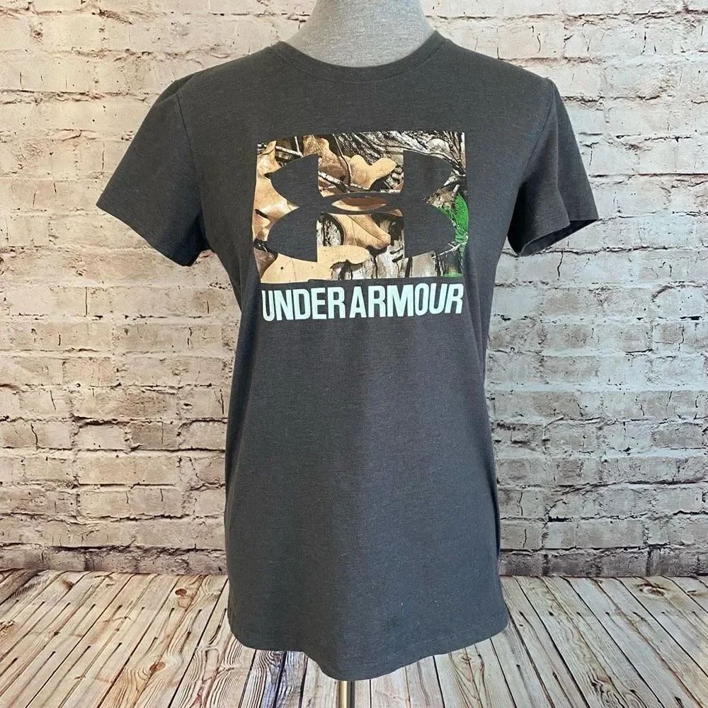 Under Armour Mossy Oak Camo Short Sleeve Shirt Graphic Cotton Medium Gray